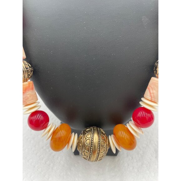 Handcrafted Bohemian Beaded Necklace With Ornate Brass Accent Beads & Marbled Re - Picture 2 of 3